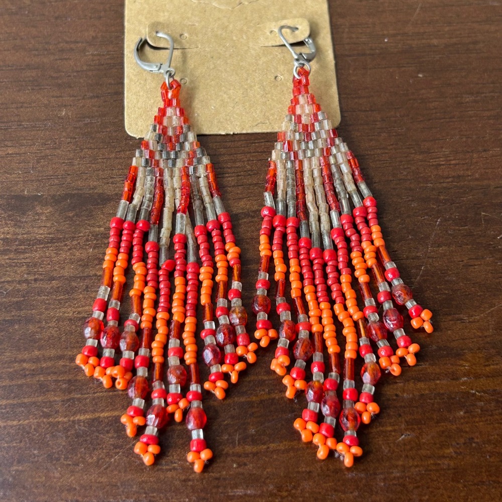 Earrings Red Orange Beaded Fringe Dangle Leverback Southwestern Boho 4 Inch